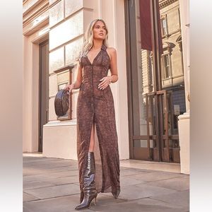 PrettyLittleThing Brown Textured Halter Maxi Dress with Front Slit